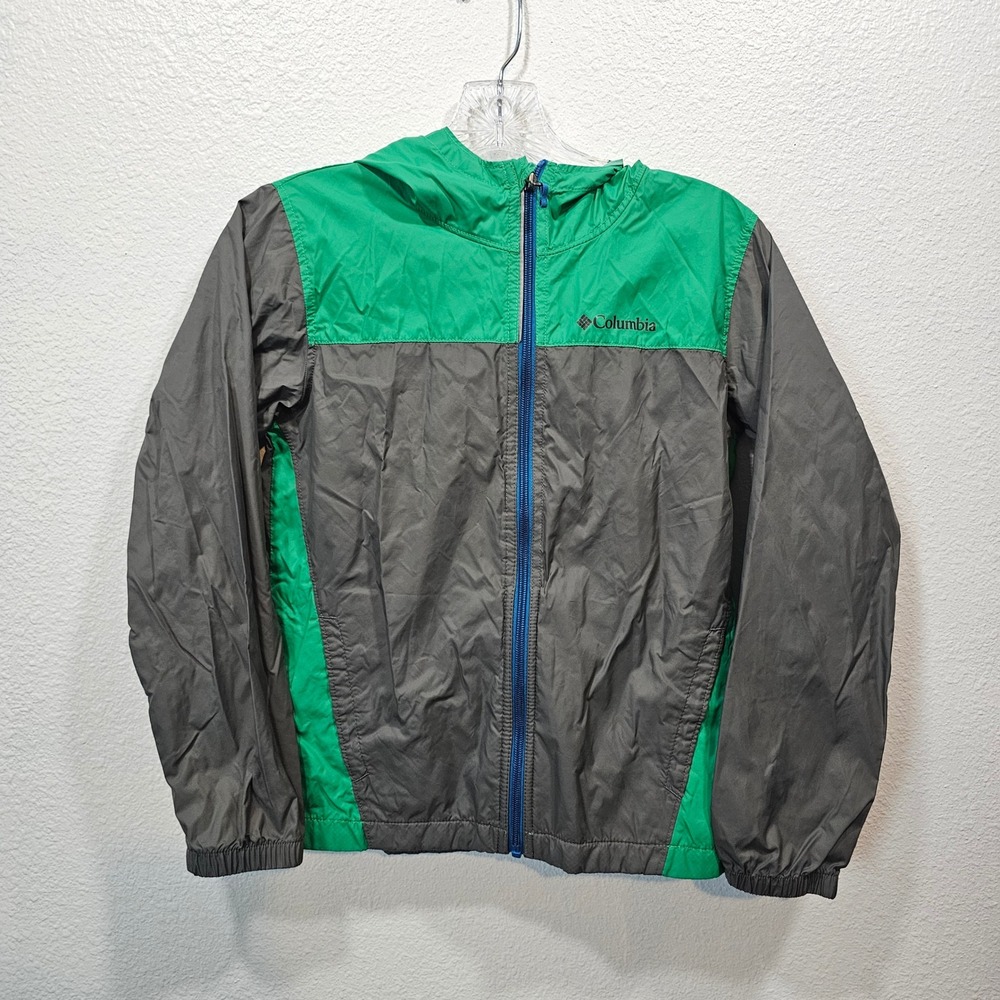 Columbia Kids Green Gray Hooded Windbreaker Jacket Full Zip Size M 10/12